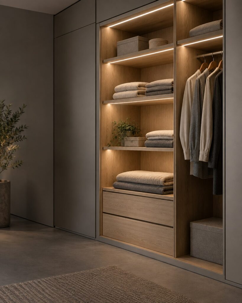Integrated cabinet and wardrobe lighting illuminating an oak shelving and hanging unit
