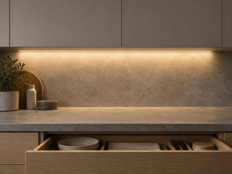 Under-cabinet linear lighting washing a stone worktop and an open drawer in a kitchen base unit