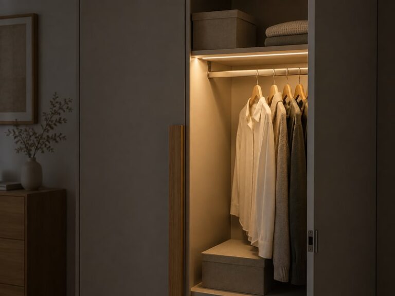 Wardrobe interior lighting switched on with the cabinet door half open