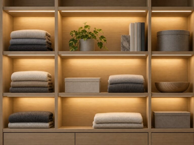 Open shelving unit with lighting under each shelf illuminating folded textiles and oak surfaces