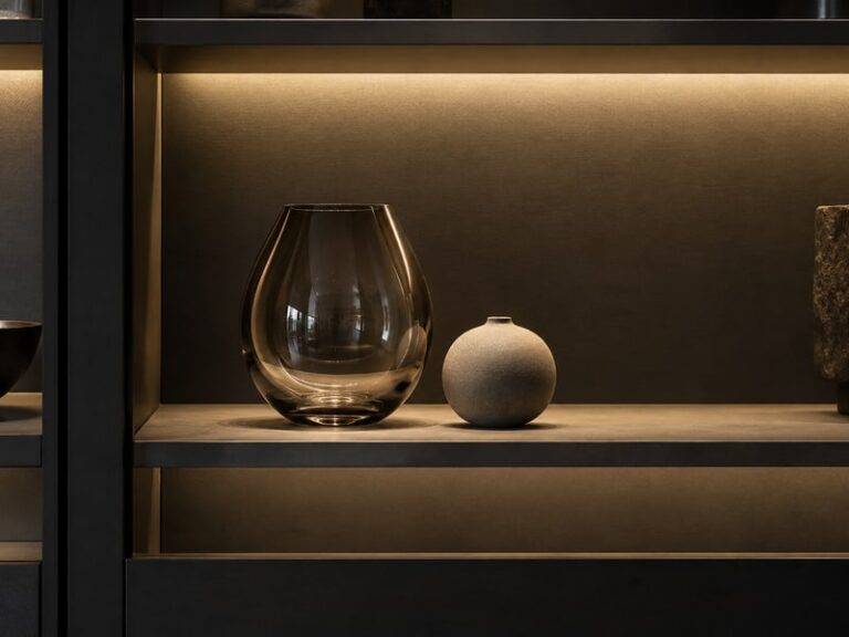 Retail display cabinet with concealed accent lighting focused on a glass and a ceramic object