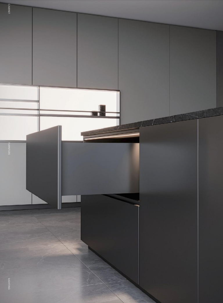 Kitchen unit with two drawers pulled open and the interior lighting switched on
