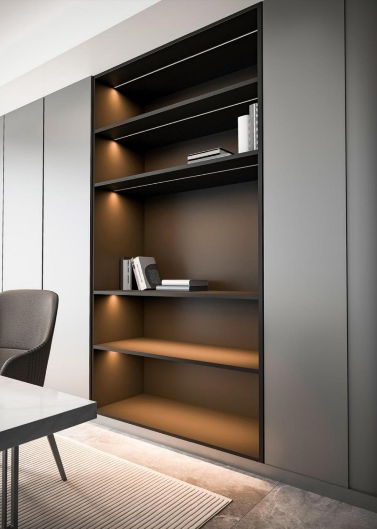 Open shelving with lighting concealed under each shelf, illuminating the shelf surface