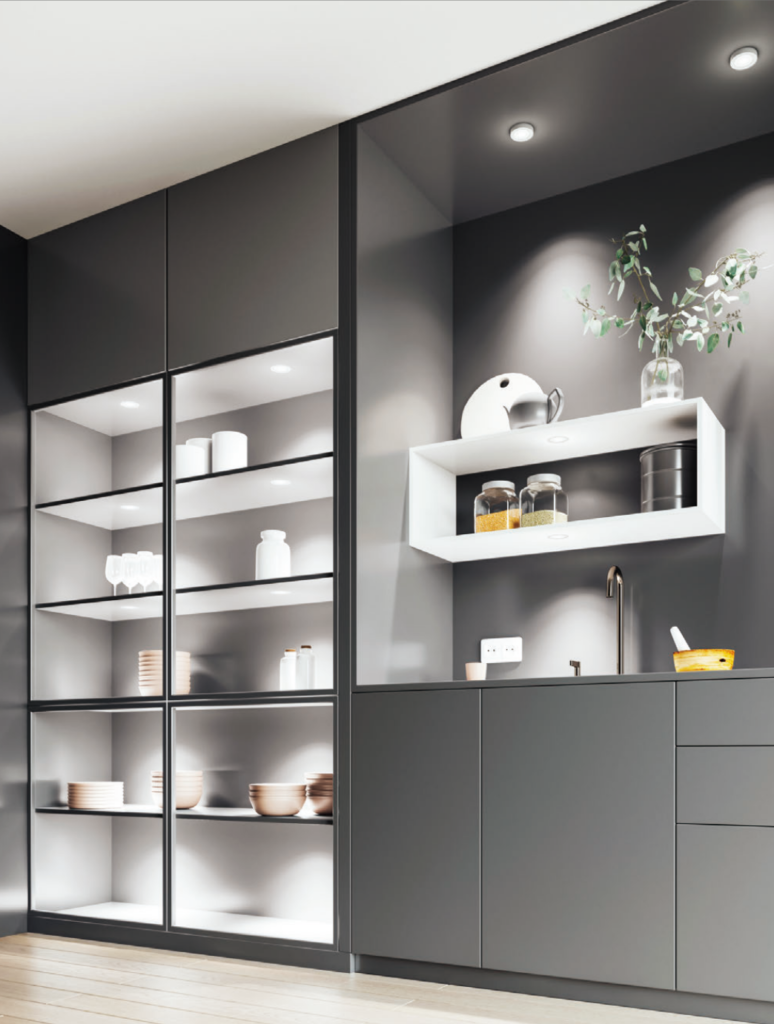 Display cabinet with illuminated glass shelves in a modern grey interior